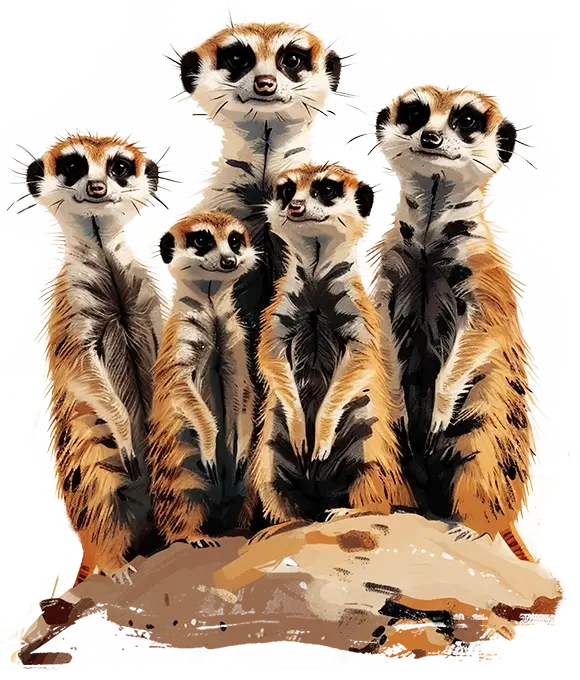 Eine Gruppe von Meerkatzen mit Mama, Papa und drei Kindern schaut aufmerksam in Richtung Kamera